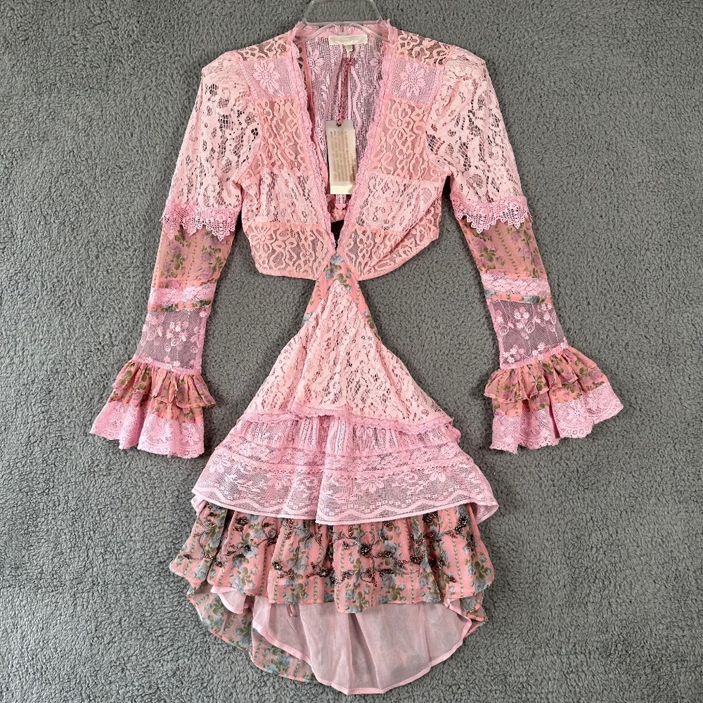 Love Shack Fancy Dress Women's XS Pink Mini Deep V Ruffles Open Back Lace